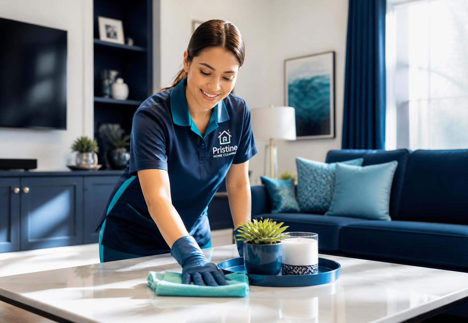 Ebtedge Cleaner Pro team member cleaning a bright modern living room
